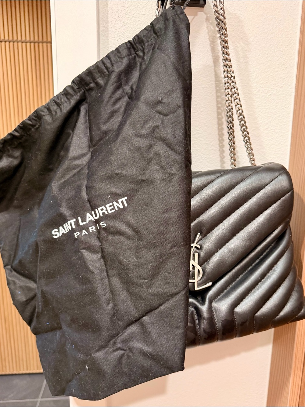 Saint Laurent Black Quilted Chevron Leather Shoulder Bag with Silver Hardware - Picture 2 of 4